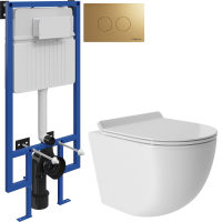 Комплект Унитаз подвесной Aqueduto Ovo Tornado OVOT0110 безободковый, с микролифтом, белый глянцевый + Инсталляция STWORKI + Кнопка Хельсинки 500474 золотая матовая в #REGION_NAME_DECLINE_PP#